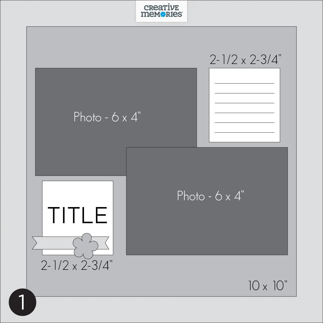 Creative Memories Virtual Crop Scrapbooking Layout Sketch Idea with 2 pictures, journal box, and a title. Measurements provided by Megghan Jack