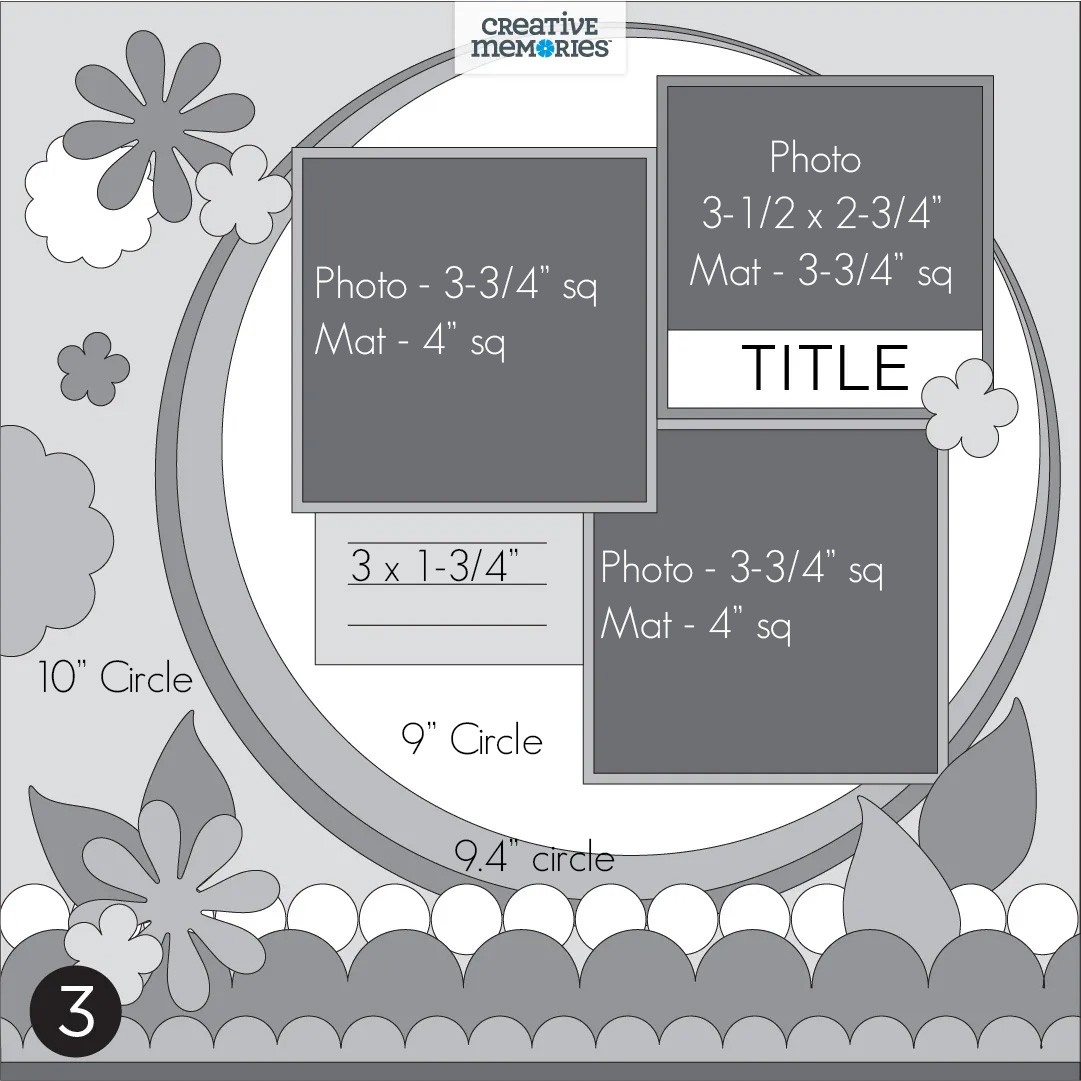 Creative Memories Virtual Crop Scrapbooking Layout Sketch Idea with 3 pictures, journal box, and a title. Measurements provided by Megghan Jack