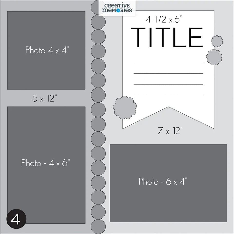 Creative Memories Virtual Crop Scrapbooking Layout Sketch Idea with 3 pictures, journal box, and a title. Measurements provided by Megghan Jack