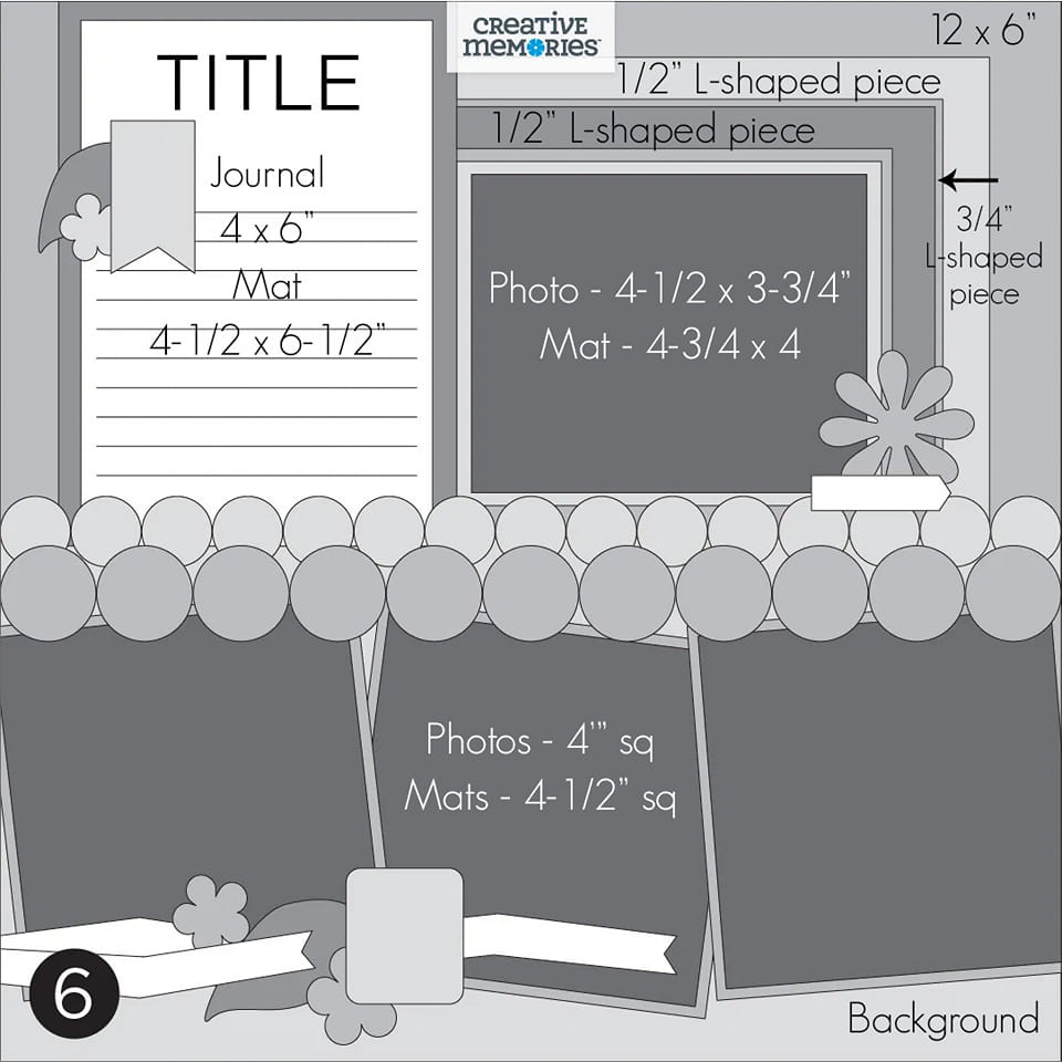 Creative Memories Virtual Crop Scrapbooking Layout Sketch Idea for layout with 4 pictures, journal box, and a title. Measurements provided by Megghan Jack