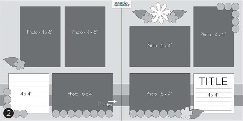 Creative Memories Virtual Crop Scrapbooking Layout Sketch Idea for 2 pages 2 page spread. Measurements provided by Megghan Jack